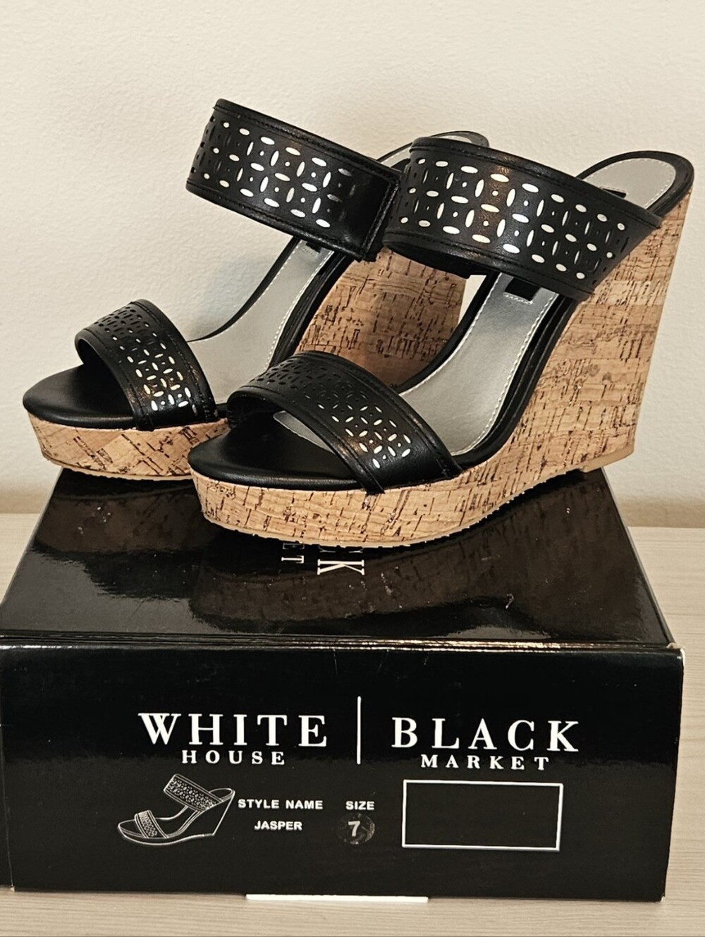 WHBM Black Silver Jasper Perforated Leather Cork Wedge Platform Sandals Sz 7